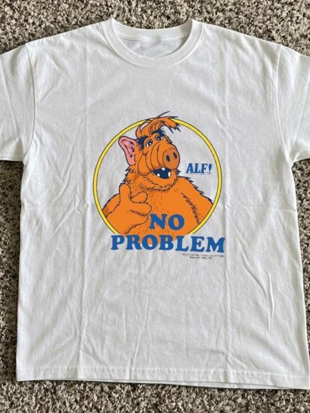 Gildan White ALF Graphic Tee with Orange Character and Blue Text